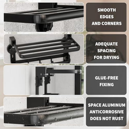 Towel Rack with Towel Bar Holder Suction Cup Foldable Towel Shelf No Drill with 7 Hooks Rustproof Towel Storage Wall Mount for Bathroom Lavatory Matte Blackish Gray20 Inch