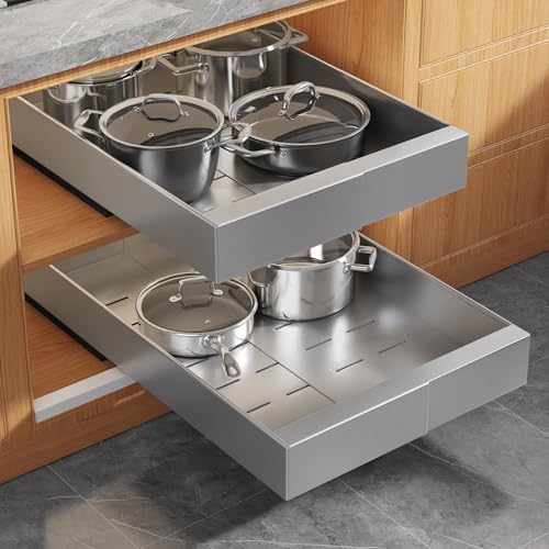 Seinloes 2 Pack Expandable Width (9"-14.1") Pull Out Cabinet Organizer 21" Deep with Raising Pad for Framed Cabinets, Upgrade 3 Slide Rails Slide Out Drawers, Roll Out Shelves Adhesive, Silver - color: Silver, size: 21"D x 9"-14.1"W(2Pack)