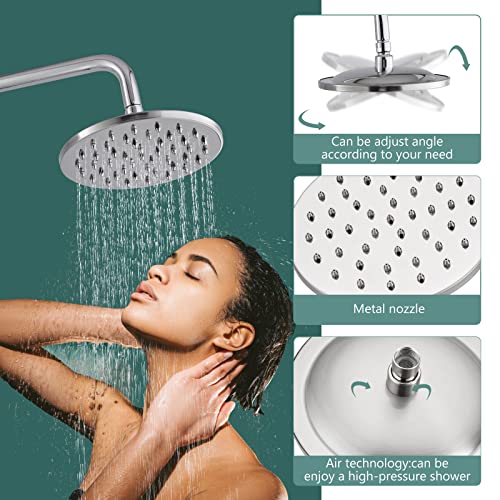 Heyalan Dual Shower System, 8 Inch Rain Head, Handheld, Polished Chrome | Dual shower system with 8 inch rain head, handheld sprayer, exposed pipe design, two-handle control, and brass body. - color: Polished Chrome