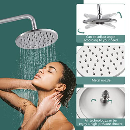 Heyalan Dual Shower System, 8 Inch Rain Head, Handheld, Polished Chrome | Dual shower system with 8 inch rain head, handheld sprayer, exposed pipe design, two-handle control, and brass body. - color: Polished Chrome