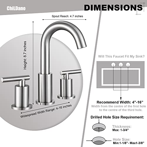 ChiLDano Widespread Bathroom Faucet 3 Hole with Sink Drain and Supply Hose | Brushed Nickel 3 Hole Faucet for Bathroom Sink, Satin Nickel 2 Handle 3 Pieces Bathroom Vanity Faucet - color: Brushed Nickel