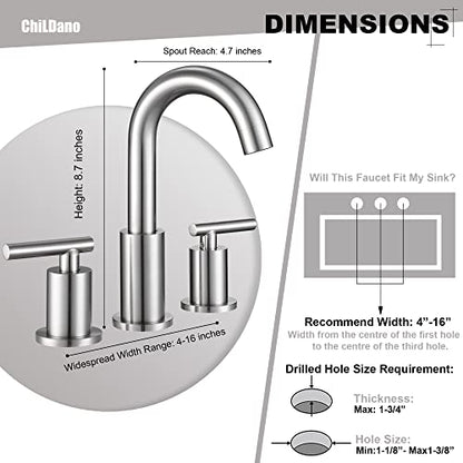 ChiLDano Widespread Bathroom Faucet 3 Hole with Sink Drain and Supply Hose | Brushed Nickel 3 Hole Faucet for Bathroom Sink, Satin Nickel 2 Handle 3 Pieces Bathroom Vanity Faucet - color: Brushed Nickel