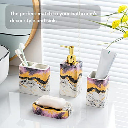 4 Piece Bathroom Accessories Set - Purple Bathroom Accessory Sets Includes Lotion Dispenser, Toothbrush Holder Tumbler, and Soap Dish - Glossy Finish (Marble, Purple) - color: Purple