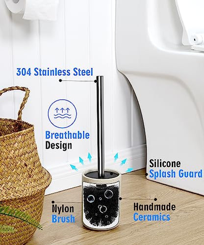 Ceramic Toilet Brush and Holder Set, Toilet Bowl Cleaner Brush | Freestanding Deep-Cleaning, Stainless Steel Handle, Small & Sturdy for Storage, Easy to Clean, Non-Scratching - color: Sand