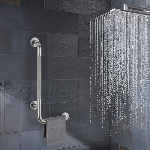 L-Shaped Grab Bars for Shower, 1 Pack, 24 x 12 Inch Stainless Steel, Left | Grab Bars for Bathroom; Diamond-Knurled Anti-Slip Grip; Wall-Mounted Safety Rail for Seniors; Mounting Hardware Included - size: Left