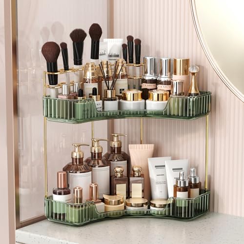 BEFSOP Corner Bathroom Counter Organizer, Upgraded 2-Tier Makeup Organizer Countertop with Makeup Brush Holder, Skincare Exquisite Vanity Organizers Countertop Bathroom Storage Dresser(Green) - color: Green, size: 2 Tier