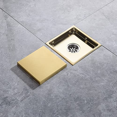 6 Inch Brushed Gold Shower Drain Square, Removable Grid Strainer Cover and Invisible Tile Insert，with Adjustable Drain Flange Kit Base PVC, SUS304 Stainless Steel Brass Face - color: Brushed Gold