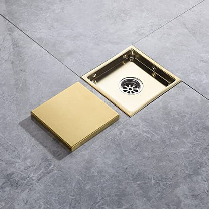 6 Inch Brushed Gold Shower Drain Square, Removable Grid Strainer Cover and Invisible Tile Insert，with Adjustable Drain Flange Kit Base PVC, SUS304 Stainless Steel Brass Face - color: Brushed Gold