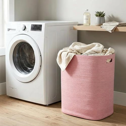 Large Laundry Hamper 16"x13"x22" - Tall Woven Laundry Basket, Cotton Rope Dirty Clothes Hamper, Baby Kids Nursery Wicker Laundry Basket, Bedroom Aesthetic, Soft Laundry Bin, Pink Hamper, 75L - color: Pink