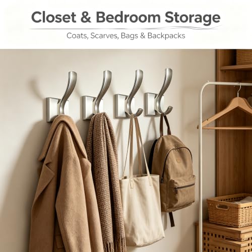 Brushed Nickel Towel Robe Clothes Coat Hooks for wall | Heavy Duty Wall Mount Rust-proof Double towel hooks for Bath Bedroom Kitchen Pool Garage Hotel - color: Brushed Nickel 4
