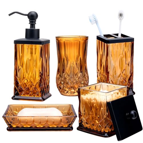 Amber Bathroom Accessories, Square Thick Glass & Zinc Alloy Pump | Beautiful & weight, 5 pcs soap dispenser, toothbrush holder, soap dish, tumbler & jar, for mission/amish style - style: Square(Amber)