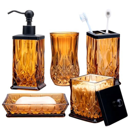 Amber Bathroom Accessories, Square Thick Glass & Zinc Alloy Pump | Beautiful & weight, 5 pcs soap dispenser, toothbrush holder, soap dish, tumbler & jar, for mission/amish style - style: Square(Amber)
