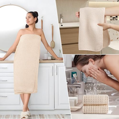 POLYTE 430 GSM Poly Blend Microfiber Quick Dry Waffle Bath Towel Set of 6 | 2-Body Towels, 2-Hand Towels, 2-Wash cloths, Oversize, Lint Free - color: Light Beige