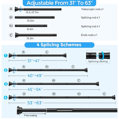 Shower Rod 31-63" Black Spring Tension Curtain Rod Adjustable | 7/8" Shower Curtain Rod Carbon Steel Tube, Rust-Proof Non-Slip Tool-Free, Curtain Rods for Windows Bathroom Room Divider - color: Black, size: 31"-63"-1P