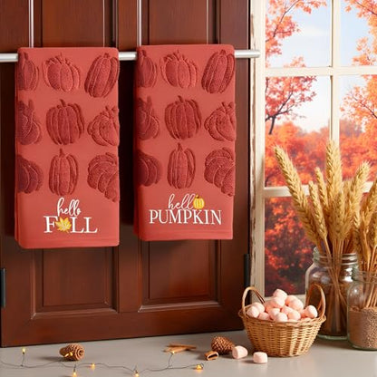 2 Pack Fall Hand Towel Jacquard Embroidered Cotton Kitchen Towels Farmhours Thankful Bath Towels Set Thanksgiving Bathroom Decor (Red Hello Fall, 2*Hand Towel) - color: Red Hello Fall