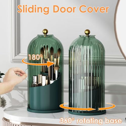 YOOLENS Makeup Brush Holder with Lid 360 Rotating Clear Dustproof Make Up Organizers for Vanity Bathroom Countertop, Green - color: Green