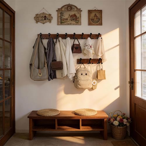WEBI Coat Rack Wall Mount,17" Solid Wood Coat Hooks Wall Mounted Coat Hanger,16" Hole to Hole,Heavy Duty 3 Triple Hooks for Hanging Coats,Jacket,Hat,Backpack,Farmhouse,Reddish Brown - color: Reddish Brown, size: 17 Inch