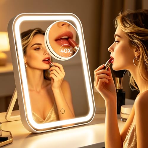 FUNTOUCH 5000mAh Large Lighted Vanity Makeup Mirror with 40X Magnifier | 96 LED Lights Rechargeable 12.1"x 10.2"Large Size,3 Lighting Modes,Adjust Brightness & 360°Rotation,Women's Gift,for Bedroom - color: White B