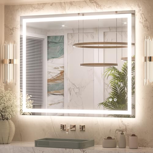 Keonjinn 42 x 36 Inch LED Bathroom Mirror with Lights, Bighter Frontlit & Backlit Vanity Mirror with Stepless Dimmable 3-Color, Anti-Fog Mirror for Wall, HD Tempered Glass, Memory Founction, CR90+ | HD Tempered Grass, Lighted Bathroom Mirror with Stepless