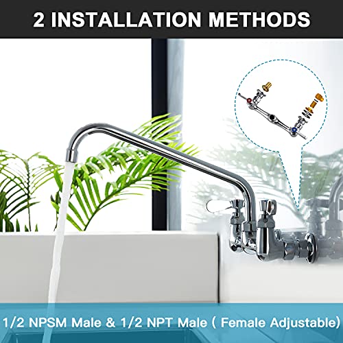Wall Mount Commercial Sink Kitchen Faucet 8 Inch Adjustable Center | 12 Inch 360 Swivel Spout, Lead-free Brass, For Restaurant Laundry Utility Room, Easy to Install, CUPC NSF Certified - color: A Chrome, size: 12 Inch Spout