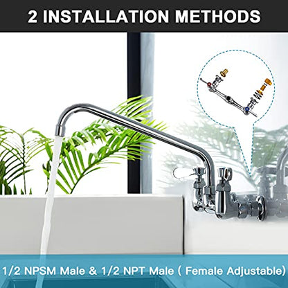 Wall Mount Commercial Sink Kitchen Faucet 8 Inch Adjustable Center | 14 Inch 360 Swivel Spout, Lead-free Brass, For Restaurant Laundry Utility Room, Easy to Install, CUPC NSF Certified - color: A Chrome, size: 14 Inch Spout