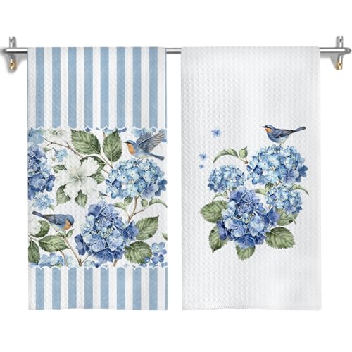Blue and White Hydrangea Floral Butterfly Kitchen Towels, Chinoiserie Flower Dish Tea Towels for Kitchen, Grandmillennial Hydrangea Flower Hand Towel for Bathroom Decor, 16x24 Inches Set of 2 - color: Floral-q