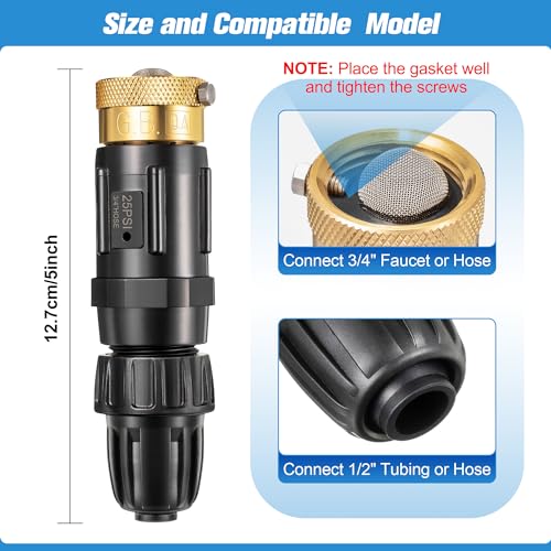 1 PC 25PSI Drip Irrigation Faucet Adapter Kit 1/2" Tubing to 3/4" Faucet | Drip Irrigation Filter with Water Pressure Regulator, Backflow Preventer and Filter for Irrigation of Gardens, Farmlands, etc