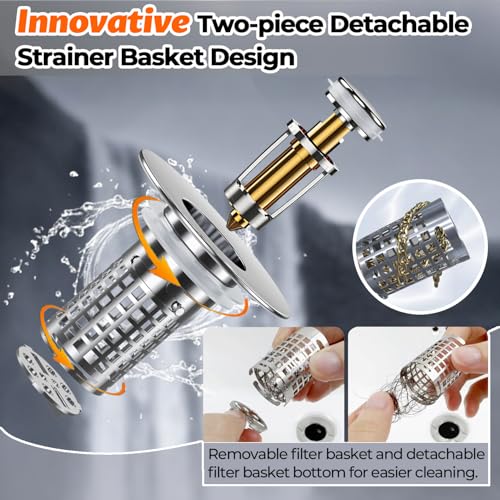 Bathroom Sink Drain Strainer, Stainless Steel Pop-up Strainer Basket Hair Catcher with Removable Basket, Brass Bullet Core, Universal Fit 1.1-2.36 Inch (1PCS)