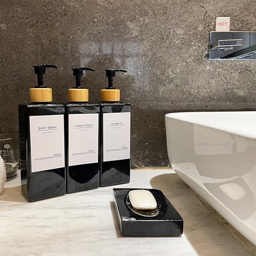 Shampoo and Conditioner Dispenser, No Drill, 16 Waterproof Labels | Shampoo Dispenser for Shower Wall, Shower Soap Dispenser Wall Mounted 3 Chamber, Bathroom, 17oz, Bamboo Black - color: Black Bottle + Bamboo Pump