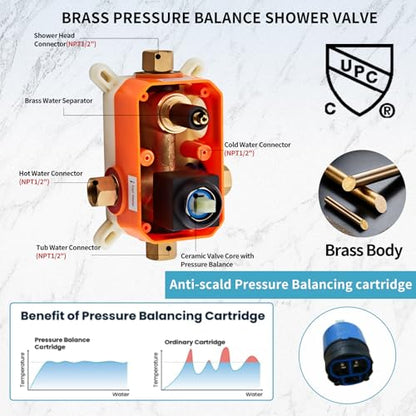 Matte Black Rainfall Shower Head, Wall Mounted 12 Inch Shower Heads with Handheld Spray Combo, Luxury Bathroom Square Rain Shower System, Solid Brass Pressure Balancd Shower Faucet Valve - color: Matte Black, style: 12 Inch