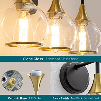 Black and Gold Bathroom Vanity Light 3-Lights Bathroom Light Fixtures Over Mirror with Clear Glass Shade 22.4 inch Wall Sconce Lighting Bath(Exclude E26 Bulb) - color: Clear,Gold, size: 3 Light