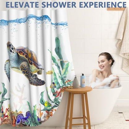 Sea Turtle Shower Curtain Set, Ringless Shower Curtains with Snap-in Washable Shower Curtain Liner and See-Through Window, Nautical Bathroom Decor, 71x74 Inches - color: Cruising Sea Turtle