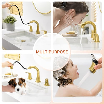 Gold Bathroom Faucet with Sprayer - Brushed Gold Faucets for Sink 3 Holes, Bathroom Pull Down Faucet, 2 Handles 8 Inch Widespread Vanity Faucet with Pull Out Sprayer & Pop-up Drain - color: Brushed Gold