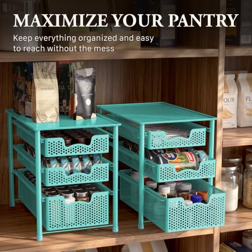 Simple Houseware Stackable 3 Tier Sliding Basket Organizer Drawer, Turquoise (Pack of 2) - color: Turquoise, size: 3-Tier (Pack of 2)