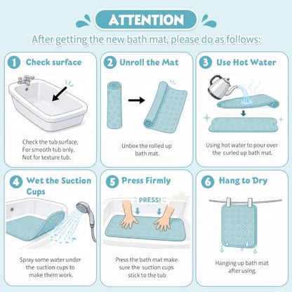 Baby Bath Mat for Tub Non Slip Kids, BPA Free Extra Long Bathtub Mat 40x16 with Drain Holes and 200 Suction Cups, Non Toxic Machine Washable Toddler Bath Mat, Eco-Friendly Certified - color: Light Blue Summer Duck