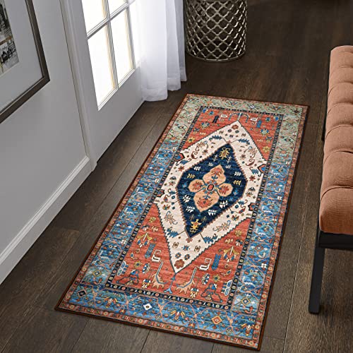 Lahome Boho Runner Rugs for Hallway 2x4 Bathroom Area Rugs Non-Slip Small Throw Kitchen Rug Low-Pile Rugs for Entryway Laundry Room Rug Indoor Carpert Runner for Entrance Bath Rug Adelyn - color: Rust, size: 2' x 4' (Rectangular)