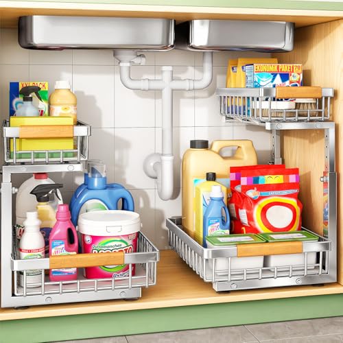 Kitstorack Under Sink Organizer, 2 Tier Under the Sink Storage, Slide out Pull out Cabinet Organizer Shelf, Metal Sliding Drawer for Kitchen Bathroom Pantry Closet Organization Rack, Silver, 1 Pack - color: Silver, size: 1 Pack