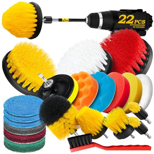 Holikme 22Pack Drill Brush Attachments Set,Scrub Pads & Sponge, Buffing Pads,Power Scrubber Brush,Car Polishing Pad Kit,Wax Applicator Pad,Car Cleaning Kit,Masonry Brushes,Cleaning Supplies | Buffing Sponges, Nylon Grout Tools, Microfiber Wax Pads, Tile B