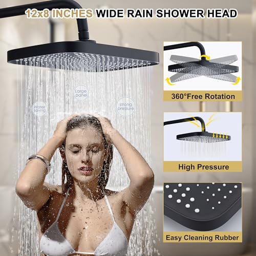 Shower Systems with 12 x8 Inches Rain Shower Head, Matte Black Exposed Pipe Shower System,3 Functions Tub Shower Faucet Sets,Overhead Shower System with Handheld - color: A- Matte Black with Square Shower Head
