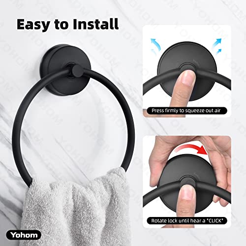 YOHOM Suction Cup Towel Ring Matte Black Hand Towel Holder for Bathroom Stainless Steel Vacuum Suction Washcloth Holder Dish Towel Hanger for Shower Wall No Drill - color: Matte Black