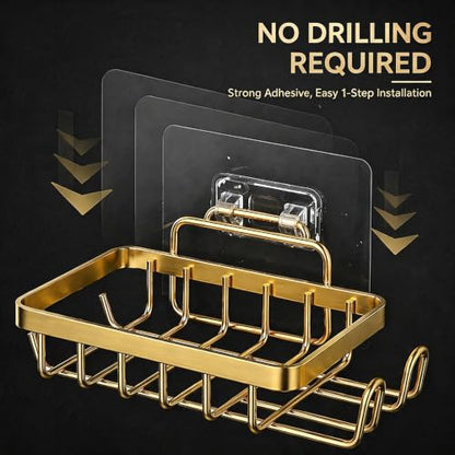 Snailhouse Soap Dish for Shower, Wall Adhesive Self Draining Hanging Stainless Steel Bathroom Bathtub Bar Soap Holder Tray Caddy with Hooks, Gold