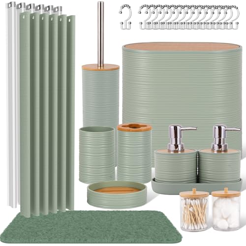 25 PCS Green Bathroom Accessories Set丨Shower Curtain Bathroom Accessory | All-in-One Kit with Shower Curtain,rug,Trash Can,Toothbrush Holder,Toilet BrushSoap Dispenser,Toothbrush Cup,etc for Home - color: Lightgreen