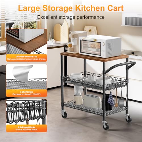 NTE Rolling Kitchen Carts on Wheels, 650Lbs Capacity 3 Tier Utility Cart with Wood Tabletop, Kitchen Storage Cart with 8 Hooks, Metal Serving Cart with Handle and Shelf Liners for Kitchen, Black - color: Wood-black