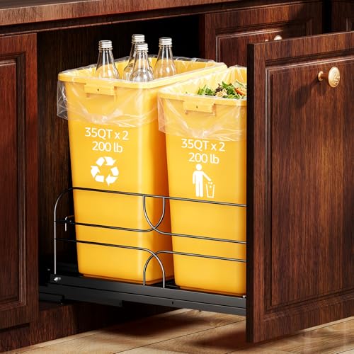 Double Pull Out Trash Can Under Cabinet, Soft Close 200LB, Black | Under Sink Trash Can Pull Out with Heavy Duty Slides, Fits 16 W x 23 D Cabinet Opening, Kitchen Organizer, Bins Not Included - color: Black, size: Double