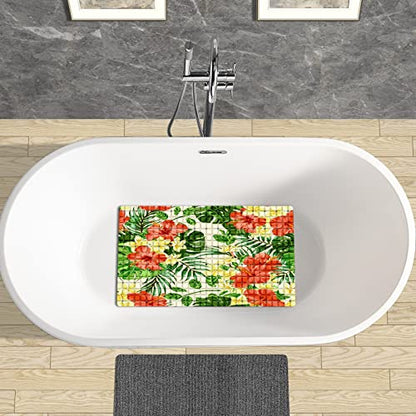 FCZ Bath Tub Mat Non Slip Shower Mat Tropical Floral Green Palm Tree Extra Long 26.8x15 inches Rectangular PVC Mat with Suction Cups Drain Holes Machine Washable - color: Tropical Floral Green Palm Tree
