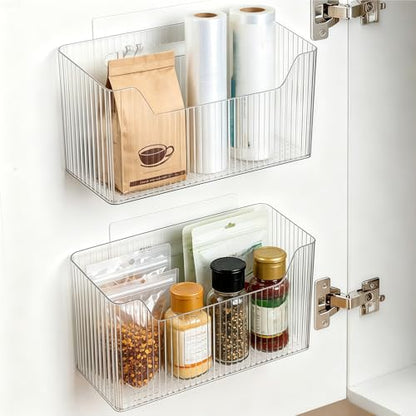 2 Pack Cabinet Door Organizer, Clear Storage Caddy, Adhesive Wall Mounted Organizer Bins, with Self Adhesive Tape, for Bathroom, Kitchen, Cabinet, Living Room