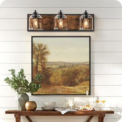 3-Light Bathroom Fixture, 23.2" Large Farmhouse Vanity Light, E26 Base (Bulbs Not Included), Thickened Glass Shade, for Bathroom, Bedroom, Vanity, Hallway, Rustic Brown and Black F17BD05 - size: 3-Light