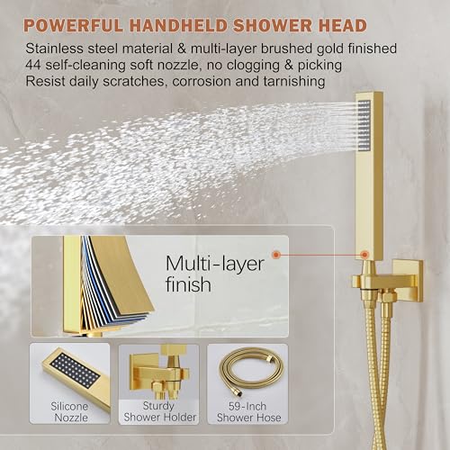 10" Rain Gold Shower System with Handheld & Valve, Brushed Gold | Wall-Mounted High-Pressure Shower Faucet Combo Set, 10-Inch Rain Shower Head with Handheld Spray,Includes Valve and Trim Kit - color: Brushed Gold 10