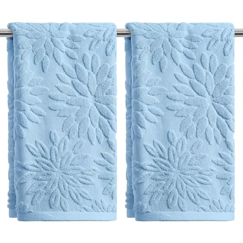 Artoid Mode 2 Pcs Light Blue 3D Dahlia Floral Jacquard Hand Towels for Bathroom, Cotton Soft Absorbent Bathroom Decor Towels, 13.7 x 29.5 Inch - color: Light Blue, size: 13.7" x 29.5", 2PCS