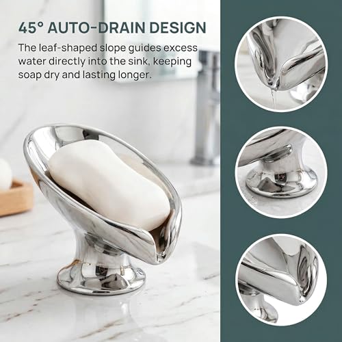 Bar Soap Holder, Soap Dish for Shower, Self Draining Soap Dish, Metallic Glossy Ceramic Soap Holder, Used for Sinks, Bathrooms, Showers,Kitchens (Silvery) - color: Silvery